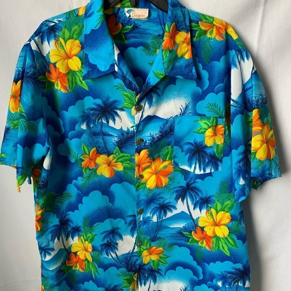 Islander Tropical Floral Shirt Blue Yellow Hawaiian Print Button Down Large